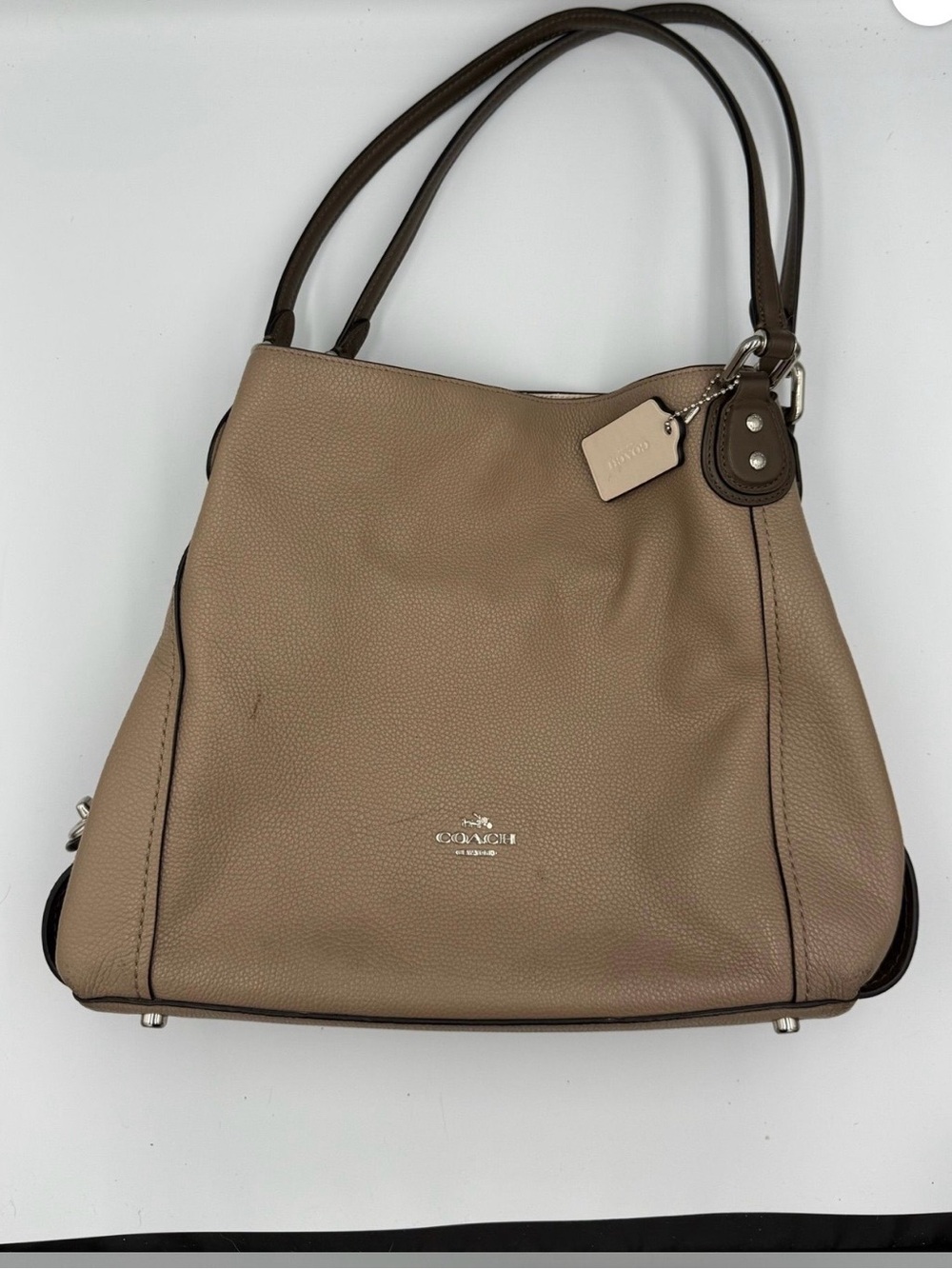 Coach Pebbled Leather Shoulder Bag in Taupe with Dark Brown Trim
